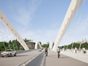 Автомобили и велосипедисты на мосту