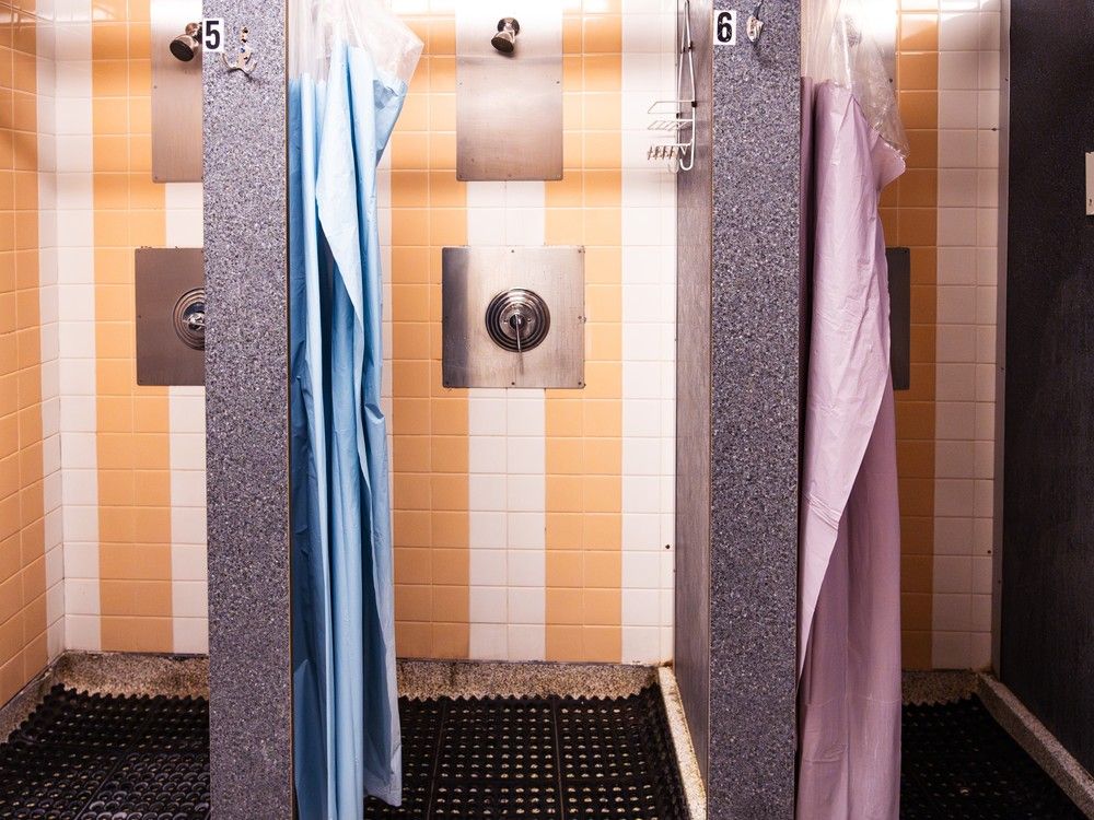  shower stalls at the heron road community centre. access for those being housed at the centre is often restricted.