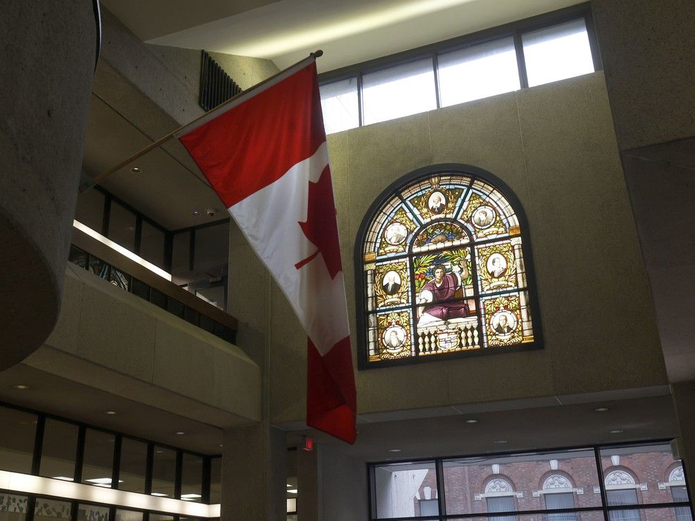  the stained glass window at the ottawa public library main branch in ottawa.