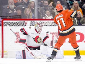 Trevor Zegras scores on Linus Ullmark to seal the shootout win on Sunday night.