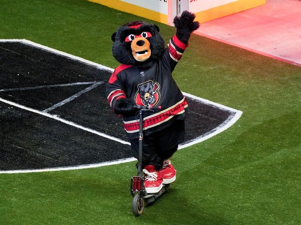 Cubby the mascot scoots across the turf during the Ottawa Black Bears’ 2024-25 home opener against the Toronto Rock on Nov. 29, 2024. Cubby the mascot scoots across the turf during the Ottawa Black Bears’ 2024-25 home opener against the Toronto Rock on Nov. 29, 2024.
