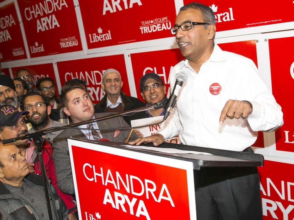chandra arya speaks to supporters at his campaign office after officially winning the riding of nepean for the first time in 2015.