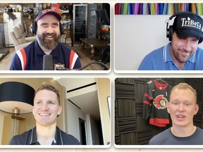 Clockwise from top left: Jason Kelce, Travis Kelce, Brady Tkachuk and Matthew Tkachuk.