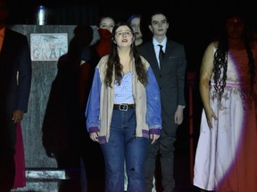 Tommy played by Rayan Moussa(L), Miss Gardner played by Cassie Sutton(2nd L), Mr. Stephens played by Noah Young(R), Carrie played by Madison Washington(2nd R), and ensemble during Sir Wilfrid Laurier's production of Carrie.