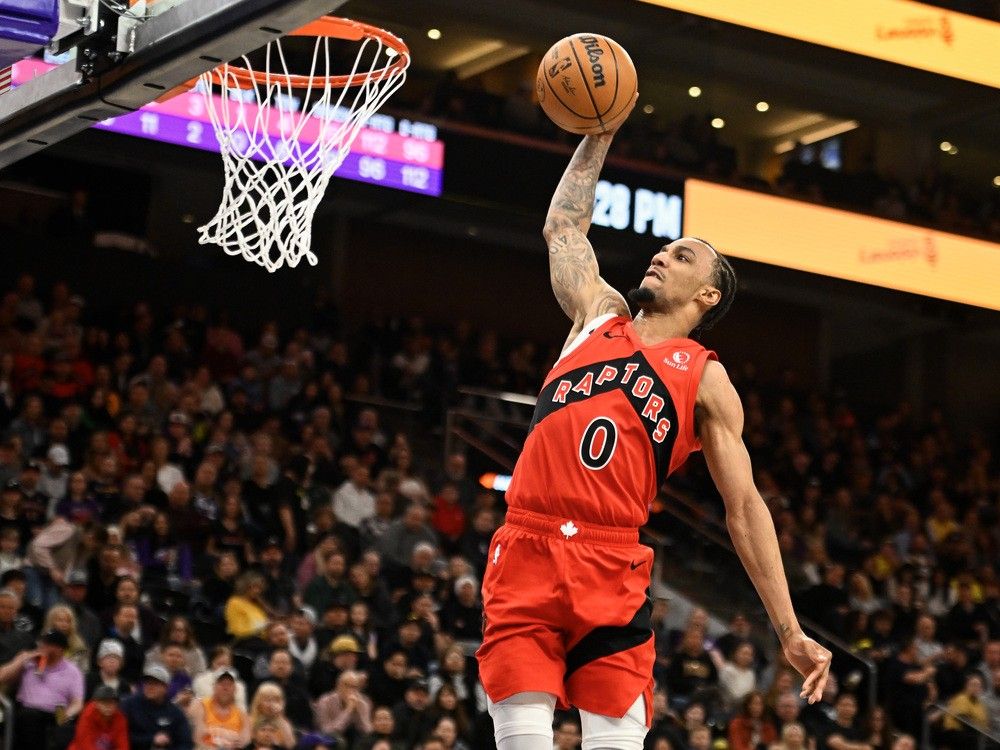  Former Guelph Nighthawks player A.J. Lawson slams home two points for the Toronto Raptors in an NBA game against the Utah Jazz at Salt Lake City on March 14, 2025.