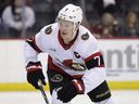 Ottawa Senators left winger Brady Tkachuk skates during the first period of an NHL hockey game against the New Jersey Devils.