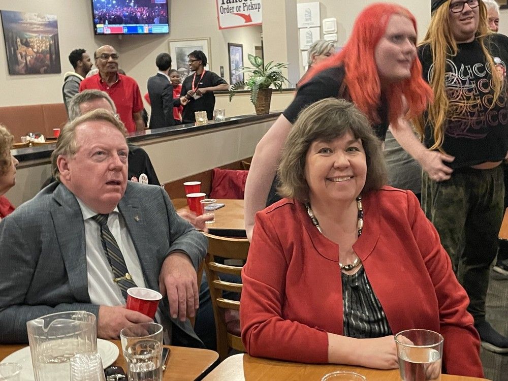  Anita Vandenbeld and husband Don Dransfield watching the early results come in.