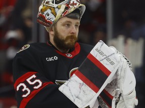 Ottawa Senators' Linus Ullmark thanks the crowd after losing to the Maple Leafs in Game 6.