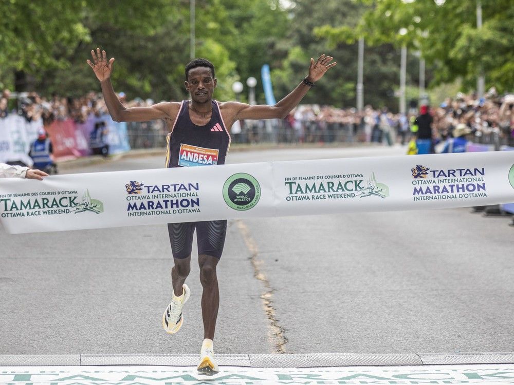  Lencho Tesfaye Anbesa of Ethiopia was the first finisher in the 50th annual Tartan Ottawa International Marathon at Tamarack Ottawa Race Weekend Sunday, May 26, 2024.