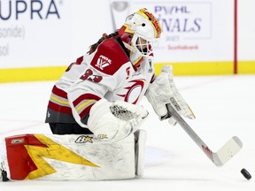 Ottawa Charge goaltender Gwyneth Philips saves the puck during Game 4 of the PWHL final against the Minnesota Frost.