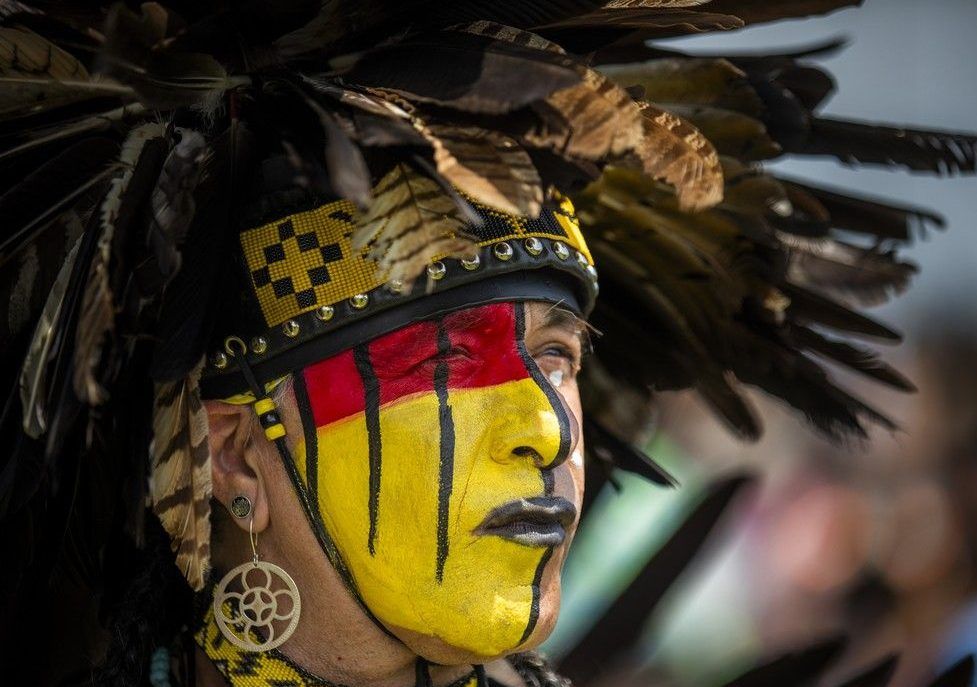  Sam Ojeda, a Yoreme artist and cultural teacher from northwestern Mexico, wore yellow and black, representing the area he is from. Ojeda said he was taking part in the weekend event in Ottawa for a chance to have fun and pray for everyone who needed prayers.
