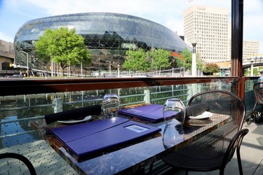 A table overlooking the Rideau Canal and the Rogers Centre