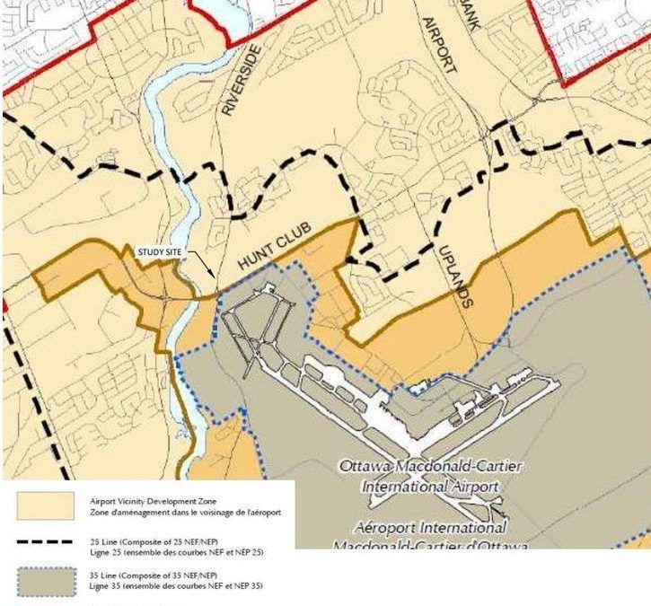  A City of Ottawa map showing the area where a new development would be built near the airport and the areas where the Ottawa International Airport has direct influence over zoning decisions (dark orange).