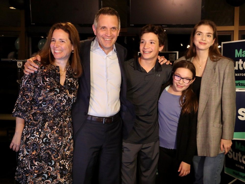  An Oct. 24, 2022, file photo showing the Sutcliffe family on municipal election night. Ginny and Mark Sutcliffe with children Jack, Kate and Erica.