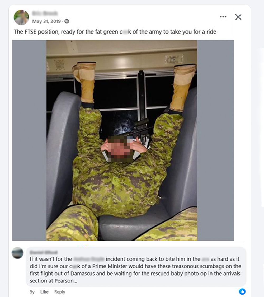 A DND official characterized the Facebook group as featuring “abhorrent racist, misogynistic, homophobic, and antisemitic comments and images.” (Facebook/Blue Hackle Mafia) A DND official characterized the Facebook group as featuring “abhorrent racist, misogynistic, homophobic, and antisemitic comments and images.” (Facebook/Blue Hackle Mafia)