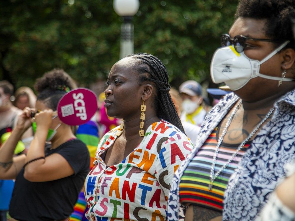  A group gathered in Minto Park on Saturday before marching onto Elgin Street for the annual Dyke March, a staple of the pride celebration weekend. This year’s march included expressions of solidarity with Palestine, with participants carrying flags and wearing keffiyehs alongside pride symbols.