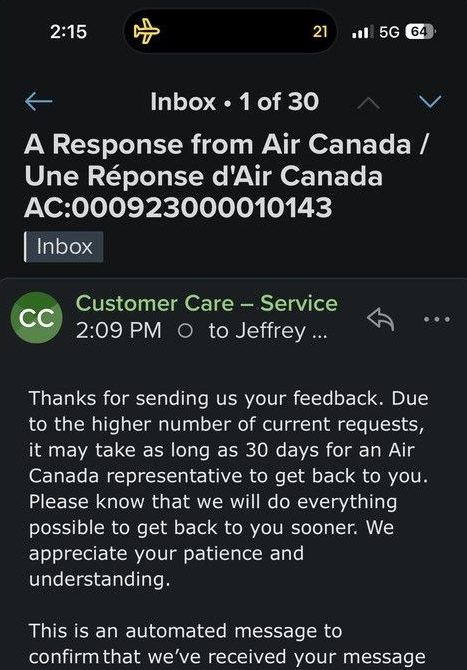  A screenshot of the automated response to Jeff Downie after he sent a notice to Air Canada demanding compensation on Friday.