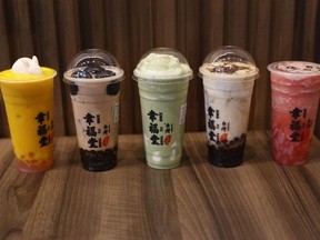 A lineup of colourful bubble teas