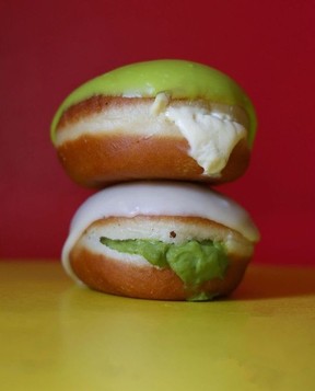 A jalapeno popper doughnut (top) and a matcha doughnut with white chocolate frosting at Bamm's Snack Shack.