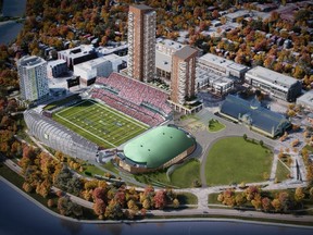 Artist rendering of part of the Lansdowne 2.0 redevelopment, including an events centre and a new north-side stadium grandstand as seen from above.