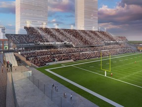 An artist rendering of part of the Lansdowne 2.0 redevelopment, including a new north-side stadium grandstand.