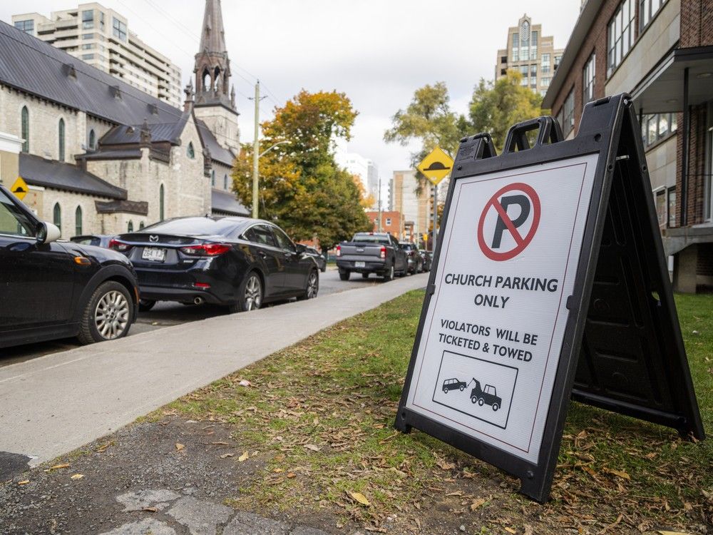 A “church parking only” sign outside Saint Patrick Basilica on Sunday, Oct. 26, 2025.  A “church parking only” sign outside Saint Patrick Basilica on Sunday, Oct. 26, 2025.