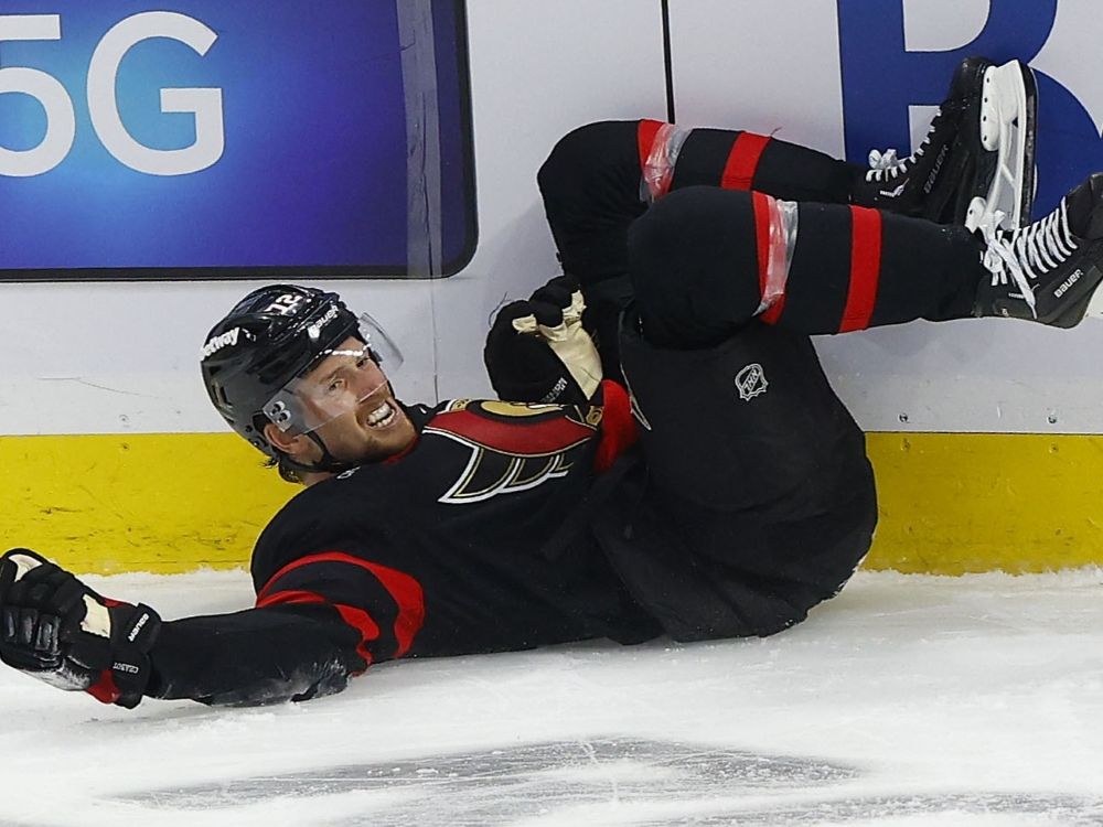 ottawa senators defenceman thomas chabot hits the ice during the team’s home opener.