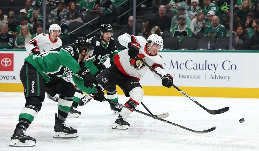  ridly greig of the ottawa senators shoots the puck during the second period against the dallas stars at american airlines center on sunday, nov. 30, 2025 in dallas.
