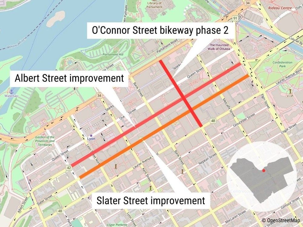 O’Connor St. bikeway phase 2 (between Laurier Ave. and Wellington St. — phase 1 of this plan already has a bike lane on O’Connor St. from Fifth Ave. to Laurier Ave.) and Albert and Slater Street improvement (between Bay St. and Elgin St.). MAP BY DENNIS LEUNG/POSTMEDIA O’Connor St. bikeway phase 2 (between Laurier Ave. and Wellington St. — phase 1 of this plan already has a bike lane on O’Connor St. from Fifth Ave. to Laurier Ave.) and Albert and Slater Street improvement (between Bay St. and Elgin St.). MAP BY DENNIS LEUNG/POSTMEDIA