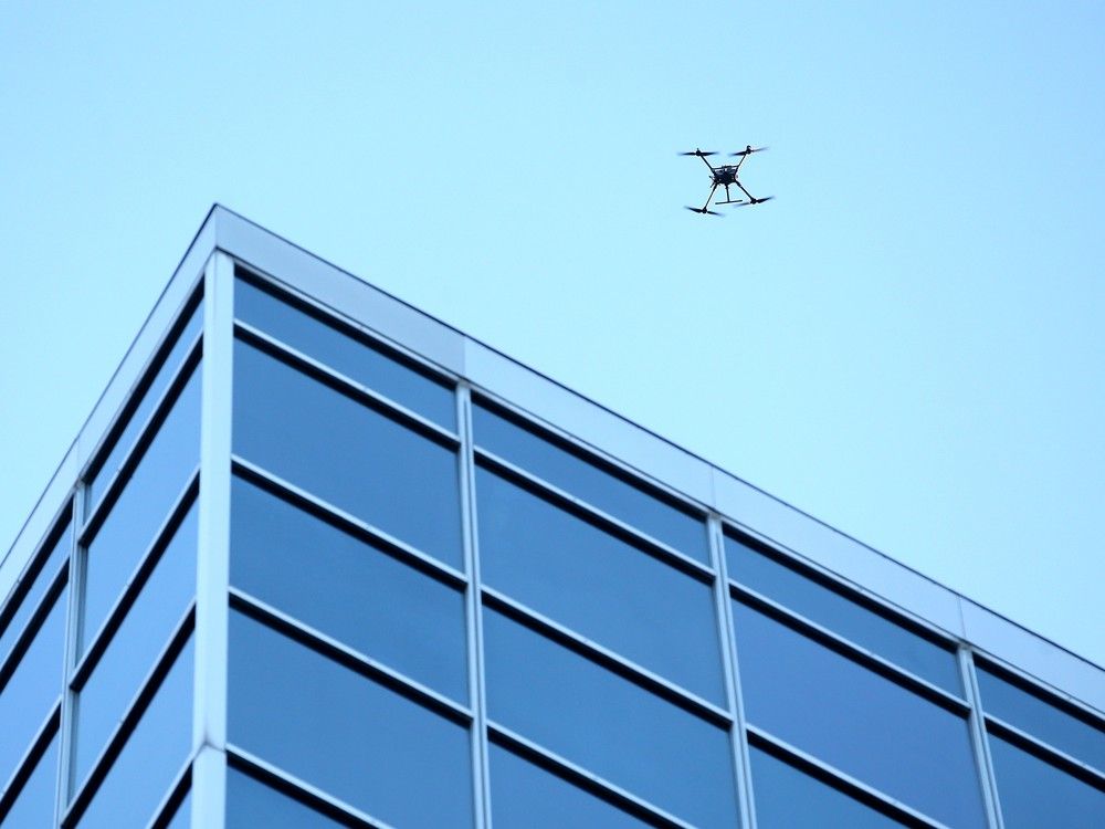 The Department of National Defence was conducting drone detection trials over downtown Ottawa Monday. Here, one can be seen near the intersection of Bank and Sparks streets. 
