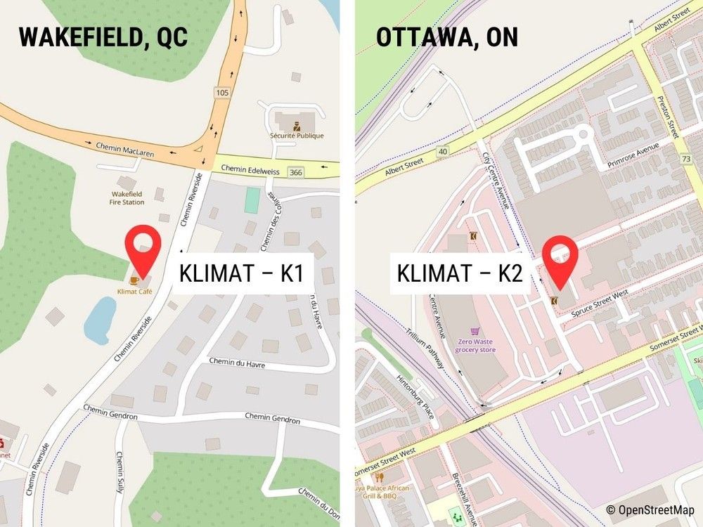 Klimat locations in Wakefield and Ottawa. SOURCE: OPENSTREETMAP CREDIT: DENNIS LEUNG/POSTMEDIA Klimat locations in Wakefield and Ottawa. SOURCE: OPENSTREETMAP CREDIT: DENNIS LEUNG/POSTMEDIA