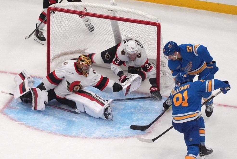  the blues’ matthew kessel, top right, shovels the puck past senators netminder leevi merilainen and defenceman nicolas matinpalo for what proved to be the winning goal in the third period of friday’s contest.