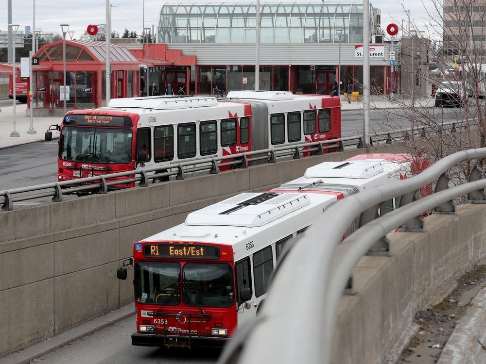 A file photo of OC Transpo buses at St-Laurent Station. Despite continued issues with reliability, the latest city budget will increase fares by 2.5 percent.