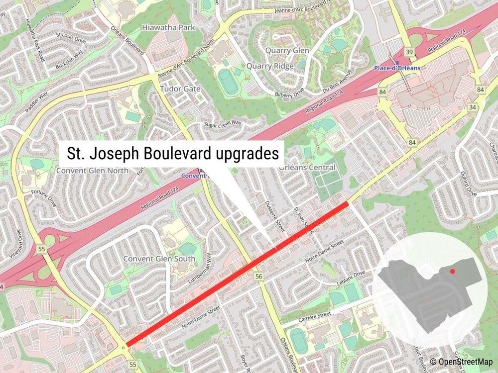 St. Joseph Blvd. upgrades between Jeanne d’Arc Blvd. and Belcourt Blvd. MAP BY DENNIS LEUNG/POSTMEDIA St. Joseph Blvd. upgrades between Jeanne d’Arc Blvd. and Belcourt Blvd. MAP BY DENNIS LEUNG/POSTMEDIA
