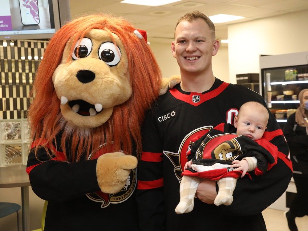 Brady Tkachuk and Spartacat of the Ottawa Senators are photographed 2.5 months old Ollie Matteo Mallabone-Bérubé. Brady Tkachuk and Spartacat of the Ottawa Senators are photographed 2.5 months old Ollie Matteo Mallabone-Bérubé.