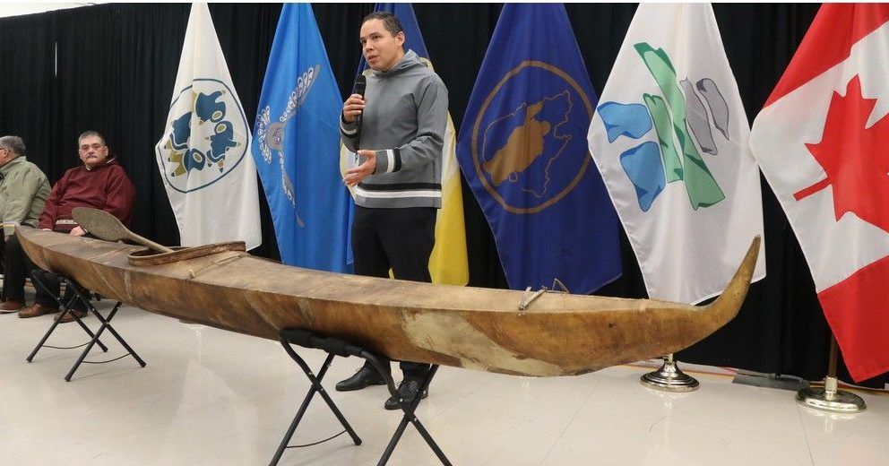  Natan Obed, president of Inuit Tapiriit Kanatami, stands in front of the kayak that was repatriated from the Vatican.