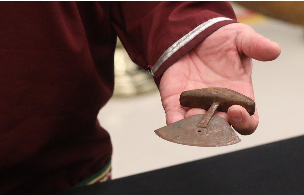  Darrel Nasogaluak, elder and chair of the Tuktoyaktuk Community Corporation, holds a ulu knife that was repatriated from the Vatican.