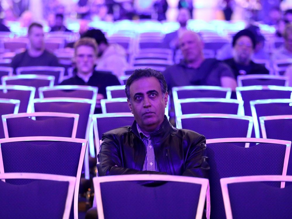 Mahmoud Zibaie, a Conservative Party supporter, shows his dejection as The Canadian Press announced a Liberal government on a livestream newscast at the Rogers Centre in Ottawa, where Pierre Poilievre of the Conservative Party of Canada was to speak after the federal election results on April 28, 2025.