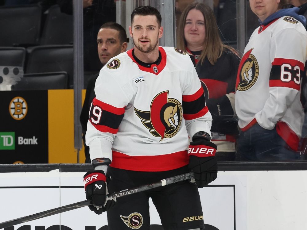 drake batherson of the ottawa senators warms up prior to a game against the boston bruins last month.