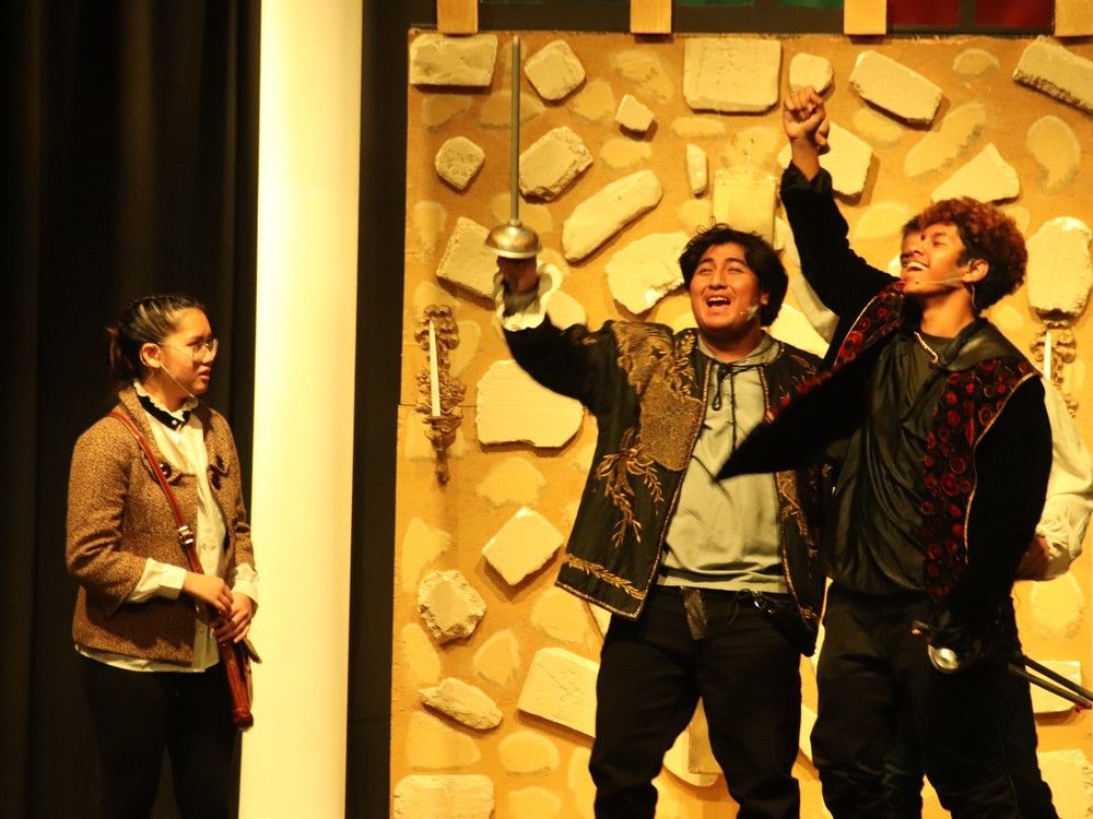 Bich-Lien Tran, performs as Constance (2ndFL), Kevin Lopez, performs as Mercutio (L), Landon Patey, perfoms as Romeo (R), Youssef Abdelhalim, perfoms as Tybalt (2ndFR), during Lester B. Pearson Catholic High School's Cappies production of Goodnight Desdemona (Good Morning Juliet)