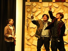 Bich-Lien Tran, performs as Constance (2ndFL), Kevin Lopez, performs as Mercutio (L), Landon Patey, perfoms as Romeo (R), Youssef Abdelhalim, perfoms as Tybalt (2ndFR), during Lester B. Pearson Catholic High School's Cappies production of Goodnight Desdemona (Good Morning Juliet)