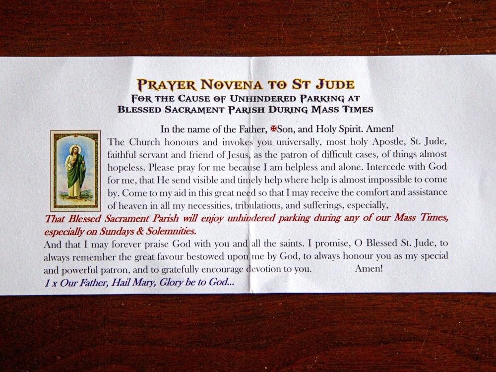 Parishioners at Blessed Sacrament are praying to St. Jude for help with their parking woes. Parishioners at Blessed Sacrament are praying to St. Jude for help with their parking woes.