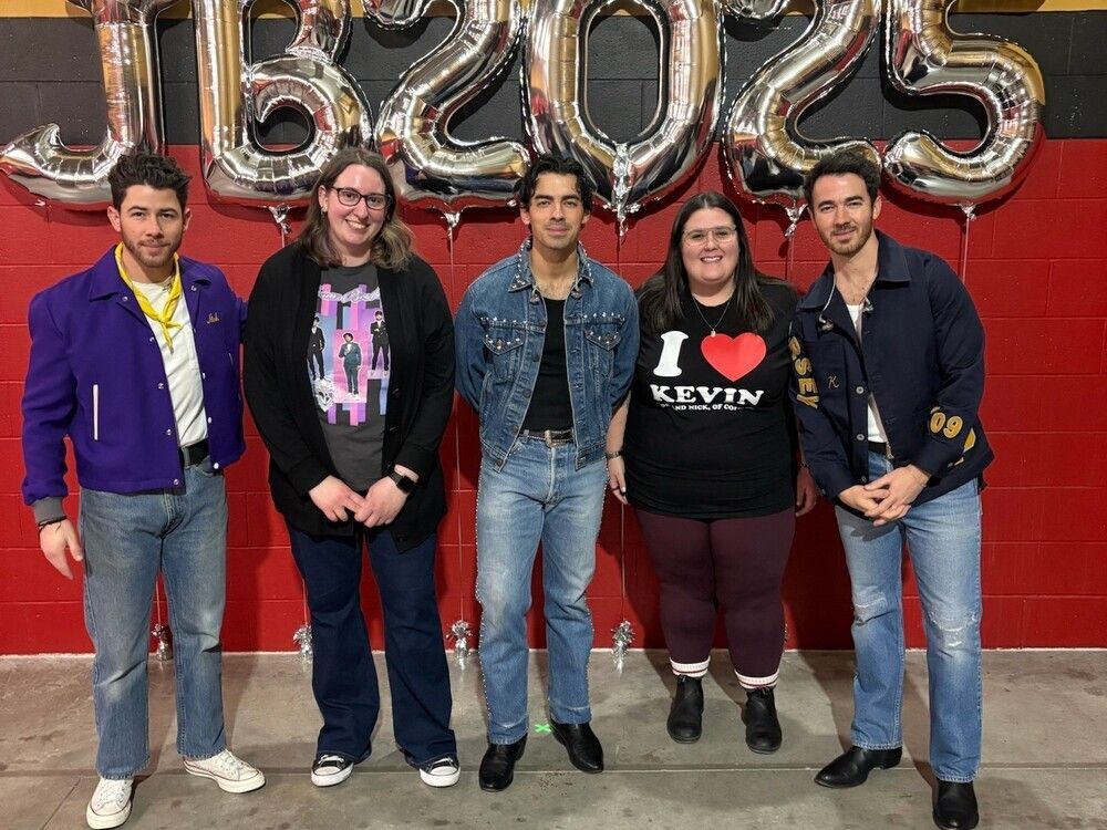 A photo of the backstage meeting at the Canadian Tire Centre on Monday, Dec. 15, 2025, shows, left to right, Nick Jonas, Chelsea Roggie, Joe Jonas, Mandy Read and Kevin Jonas. A separate photo shows the brothers with Justine Walker and Erica Geller. 