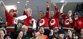 MAY 13, 2025 -- The Kazoo Crew in section 11, including Britt Hurley (second from left), who started bringing the kazoo to the Ottawa Charge games, which has now caught on like wildfire amongst the team's loyal fans.
