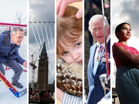 A series of five snippets showing Mark Carney playing hockey, planes over parliament, a young girl holding an owl, Price Charles,