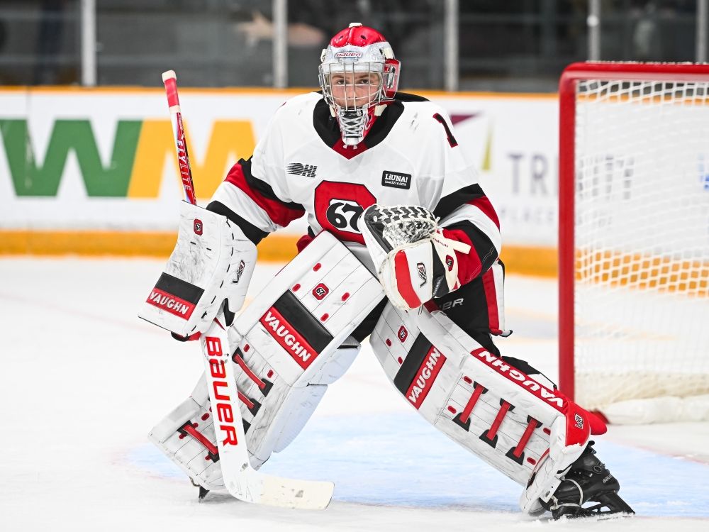 Ottawa 67’s goaltender Ryder Fetterolf in action during a game.