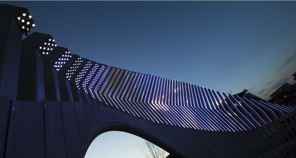  Moving Images, an art installation by artist Jill Anholt, is photographed under a setting sun after it was turned on for the first time at Lansdowne Park Friday, Nov. 28, 2014.