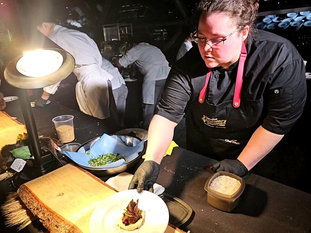  Madison Huseby of The Old Red Barn in Edmonton serves Sych Homestead bison cheek with a black garlic glaze on parsnip at the Canadian Culinary Championship 2026.