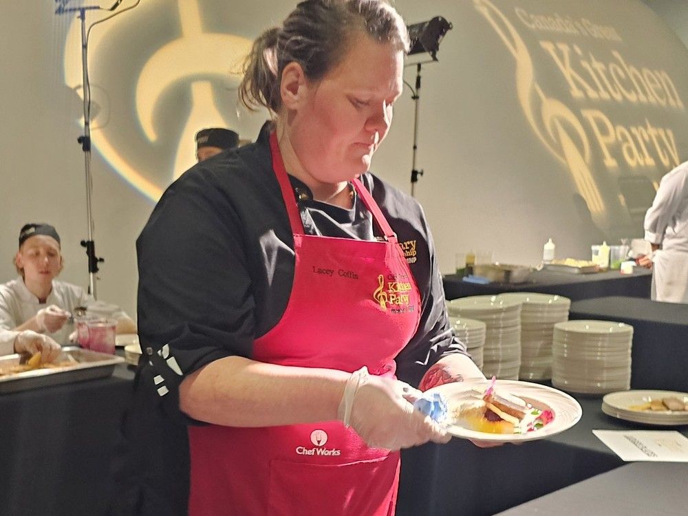  Chef Lacey Coffin of Vu Resto Bar in St. John&rsquo;s, Newfoundland, with a plate of rabbit and pistachio terrine on top of Mt. Scio crumb and Newfoundland wildberry chutney at the Canadian Culinary Championship 2026. Her dish was served with onion and savoury leaf tuille, and tree bark and accompanied by a pickled Ontario peach, Newfoundland turnip greens and Newfoundland beet gel.