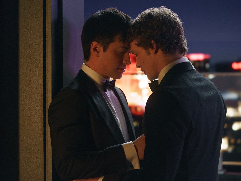 This image released by Crave shows Hudson Williams, left, and Connor Storrie in a scene from "Heated Rivalry."